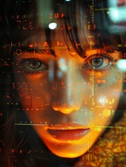 Woman's face covered in numbers and symbols, surreal futuristic dystopian cyberpunk fragmentation, bold fashion photography.