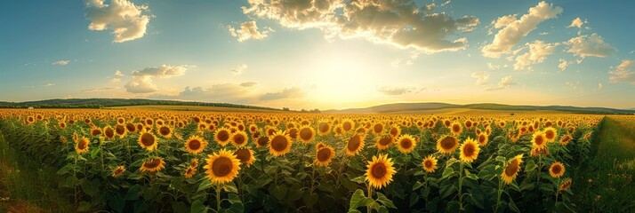 A field of vibrant sunflowers swaying gracefully as the sun sets in the background, casting a warm golden glow over the landscape