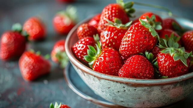 Ripe sweet strawberries in a bowl. Macro of fresh organic berries. Fruit background. Food ecology and agriculture