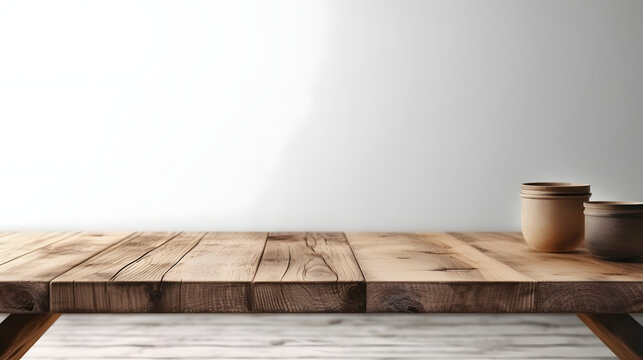 Empty wooden table in front of white background