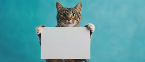 Curious tabby cat humorously holds a blank sign, ready for a personalized message.