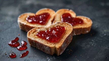 Slices of bread with jam in the shape of a heart on a dark background