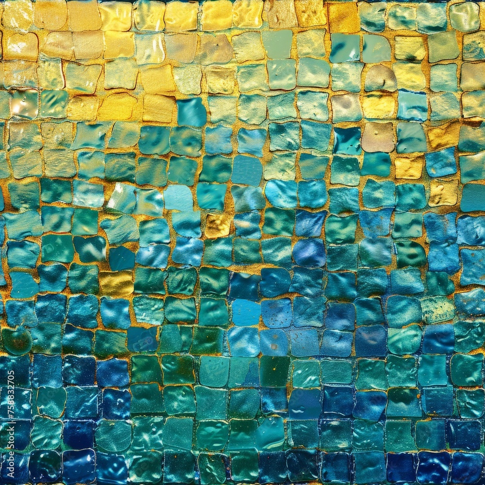 Aufkleber a mesmerizing close-up of intricate blue and yellow mosaic tiles, showcasing a vibrant and artistic 