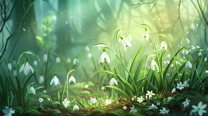 Snowdrop grow in a field in a clearing. The first beautiful flowers bloom in spring. Nature background. Illustration for cover, card, postcard, interior design, decor or print
