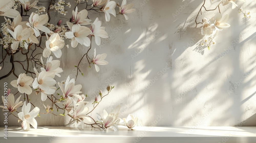 Poster soft sunlight filters through a window, casting gentle shadows alongside blooming magnolia flowers o