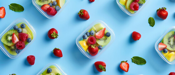 Overhead view of meal prep containers filled with colorful fresh fruit on a vibrant blue background.