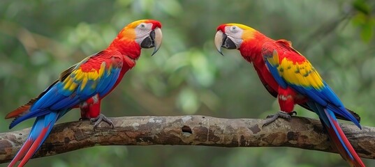 Two scarlet macaws facing each other on a branch with blurred background   space for text