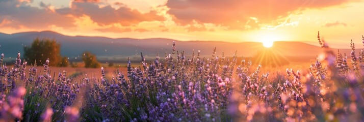 A serene field of lavender flowers bathed in the soft, golden light of the setting sun, creating a tranquil and picturesque scene - obrazy, fototapety, plakaty