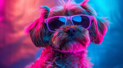 Stylish dog posing in sunglasses. A close up portrait of a fashionable pet in neon colors