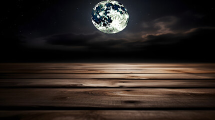 Empty wooden table in front very close up of night background with moon
