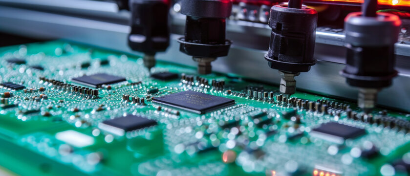 Macro shot of electronic circuit board with microchips and components in a tech lab.