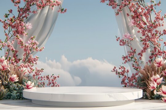 A white podium adorned with a variety of magnolia flowers sits beautifully in front of a striking backdrop, exuding elegance and sophistication