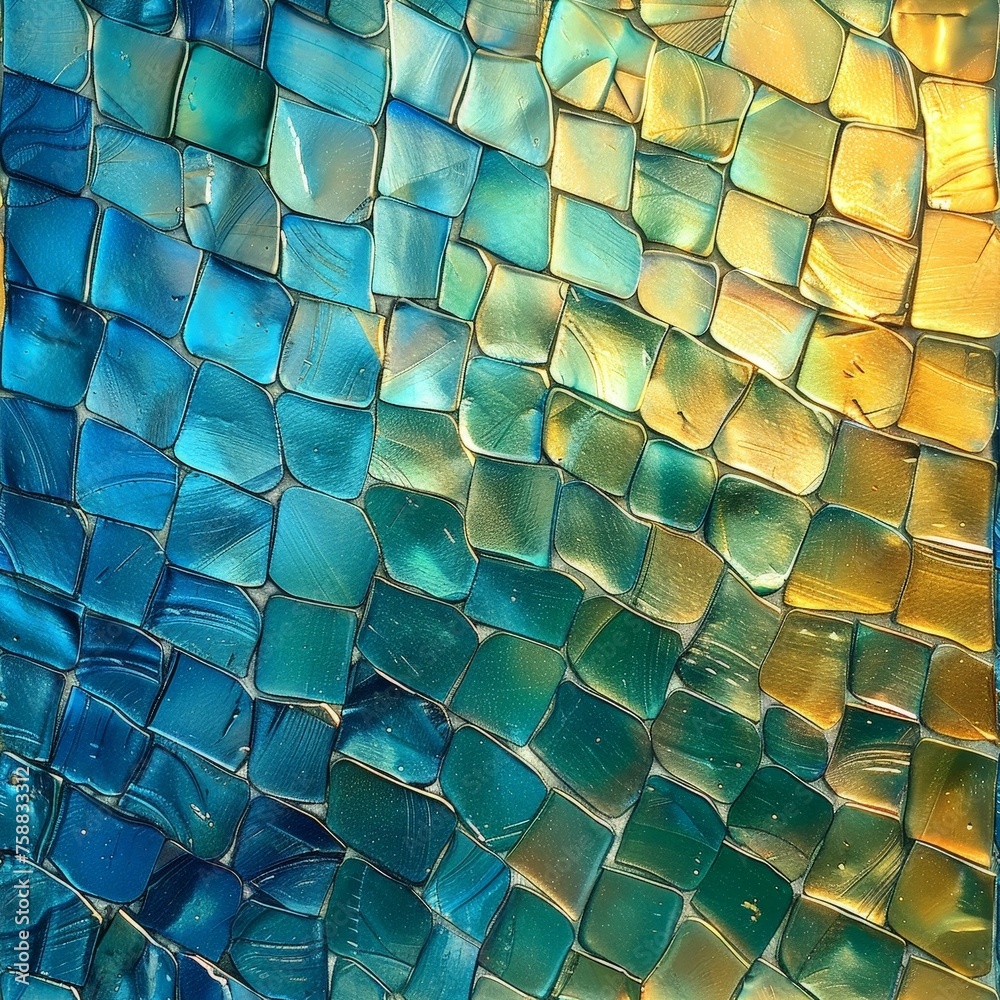 Poster A close up of a colorful glass tile wall showcasing a mesmerizing array of hues and textures, forming an intricate pattern that captivates the eye