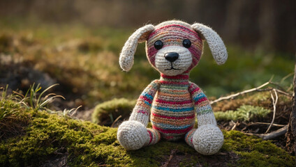 Crocheted pestle toy on a forest background. - obrazy, fototapety, plakaty