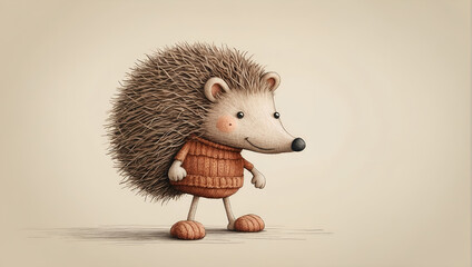 Funny, funny hedgehog drawn in pencil on retro paper, postcard, layout.
