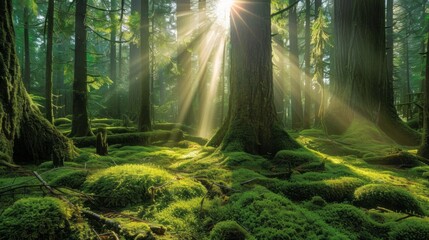 Sunlight penetrates the dense forest canopy, casting rays of light onto the moss-covered trees and...