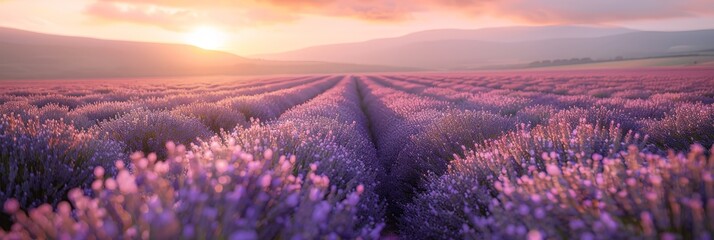 A vast field of blooming lavender flowers stretches out under a moody, cloudy sky