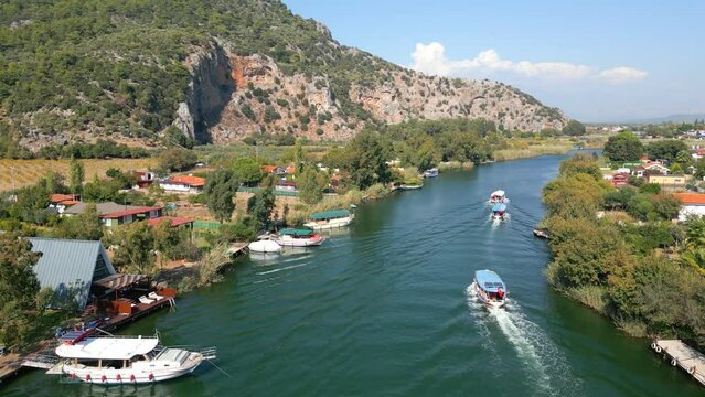 Dalyan River Drone Video, Aegean Sea Ortaca, Mugla Turkey. High quality 4k footage