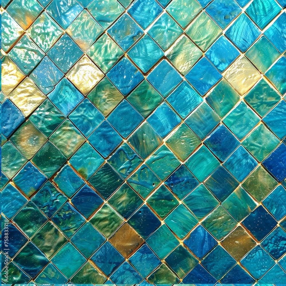 Poster a mesmerizing wall of blue and green mosaic tiles creates a tranquil and harmonious blend of color a