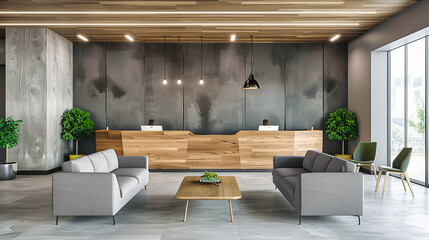 Contemporary Office Space with Modern Sofa and Wooden Table, Stylish Corporate Lounge Area Design