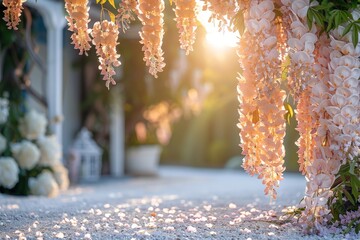 A garden archway, draped in delicate pink blossoms, stands aglow with the warm hues of a setting sun