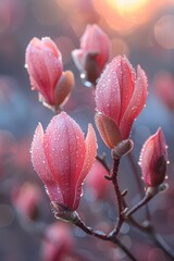 Dew-kissed magnolia buds poised to bloom in the soft glow of dawn