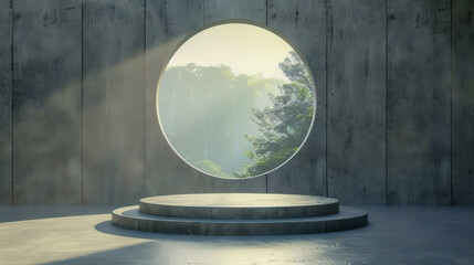 A large circular window in a concrete building with trees in the background