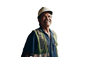 Mature blue collar worker and smiling, looking at the camera, isolated on transparent background