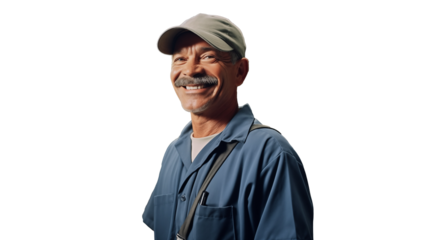 Mature blue collar worker and smiling, looking at the camera, isolated on transparent background