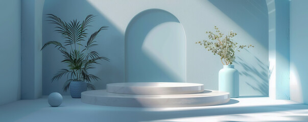 A blue room with a white archway and a white pedestal