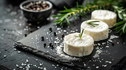 Over a blackboard with a black backdrop, is an array of cured goat cheese and adorned with fresh green herbs and space, Generative AI. - obrazy, fototapety, plakaty