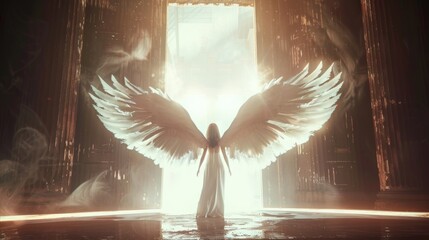 The angel in female form spreads her huge white wings and walks into the glowing portal. The concept of purity and innocence