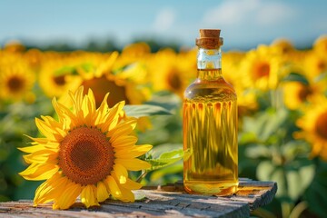A vibrant sunflower stands tall next to a bottle of sunflower oil, showcasing the essence of the sun captured in a bottle