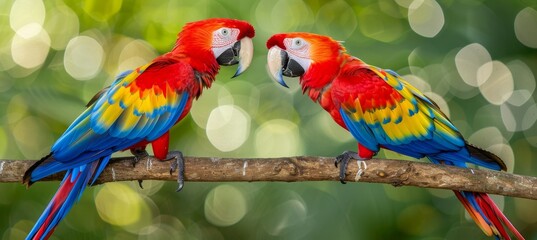 Obraz premium Pair of scarlet macaws perched on branch with blurred background, copy space for text