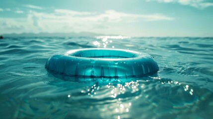The swimming inflatable circle is half immersed in water vertically. The concept of outdoor recreation