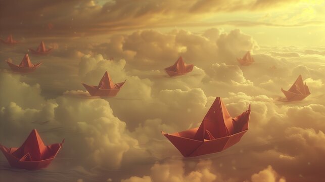 Drifting among the clouds, a fleet of origami red paper boats carries a group of men on a surreal journey through the sky.

