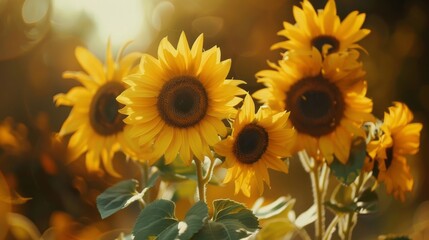 Obraz premium This close-up macro shot captures a bunch of vibrant sunflowers in a stunning garden setting. The sunflowers stand tall with their bright yellow petals and dark centers, creating a striking image