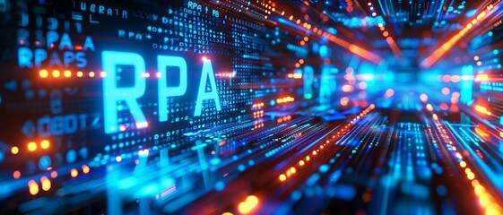 Digital blue matrix binary code forms the acronym RPA , symbolizing the concept of Regulatory Process Automation .
 - obrazy, fototapety, plakaty