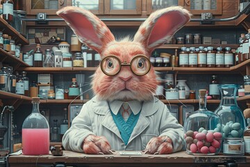 a bunny scientist conducting experiments in a laboratory - obrazy, fototapety, plakaty
