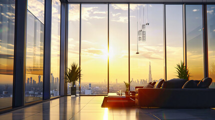 Luxurious Modern Room with Panoramic City View, Elegant Design and Spacious Interior Concept