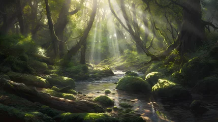 Fotobehang Enchanting mosaic image of a lush green forest © Oleksandr