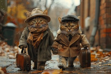 Two cute anthropomorphic cats walk on their feet like humans, stand upright on the ground, hand in hand, wearing human clothes, carrying their briefcases, walking on their way to work