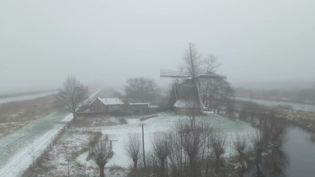 Aerial view of traditional windmill during winter