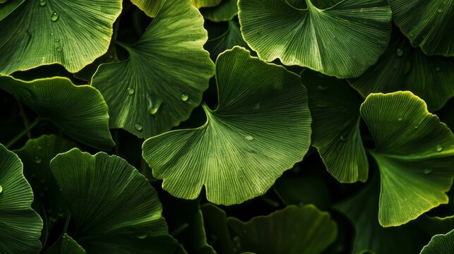 This close-up shot showcases the vibrant green leaves of a Ginkgo Biloba tree, known for its medicinal properties and association with healthy nutrition. The intricate details of the leaves are