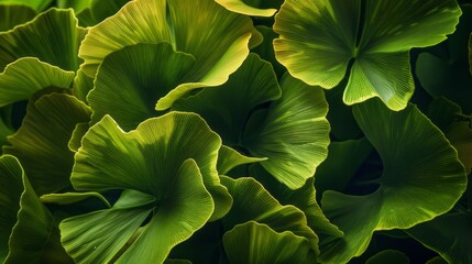 Obraz premium This close-up shot showcases the vibrant green leaves of a Ginkgo Biloba tree, known for its medicinal properties and association with healthy nutrition. The intricate details of the leaves are