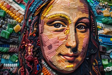Mona Lisa composed entirely of candy and gum. Hard candies of various colors and textures create the delicate features of her face and clothing, while soft chewing gum sculpt her enigmatic smile
