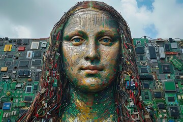 Mona Lisa made entirely from recycled computer parts, with circuit boards and wires arranged to depict her serene visage, blending classic artistry with modern technology in an unexpected fusion