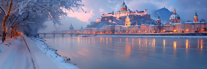 Salzburg Cathedral and City Skyline in Winter ,
A snowy night in moscow with a church and lights
 - obrazy, fototapety, plakaty