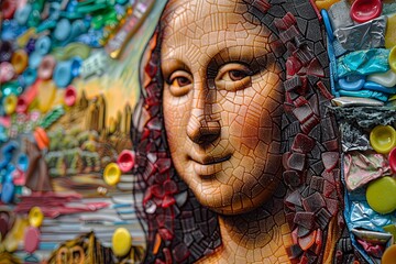 A Mona Lisa composed entirely of candy and gum. Hard candies of various colors and textures create the delicate features of her face and clothing