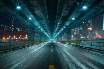 Fototapeta na wymiar Empty asphalt road under the bridge during the night with beautiful city skyline background .